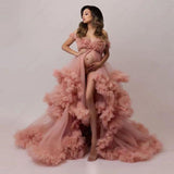 Mqtime Pink Maternity Prom Dresses Photography Props Elegant Pregnant Ruffles Ball Gown Evening Party Dress Baby Showers Photo Shoot