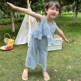 Mqtime 2pc Girls Clothing Set Summer Girls Cute Ruffles Plaid Vest Tops And Wide Long Pants Trousers Set With Pant Children Clothes