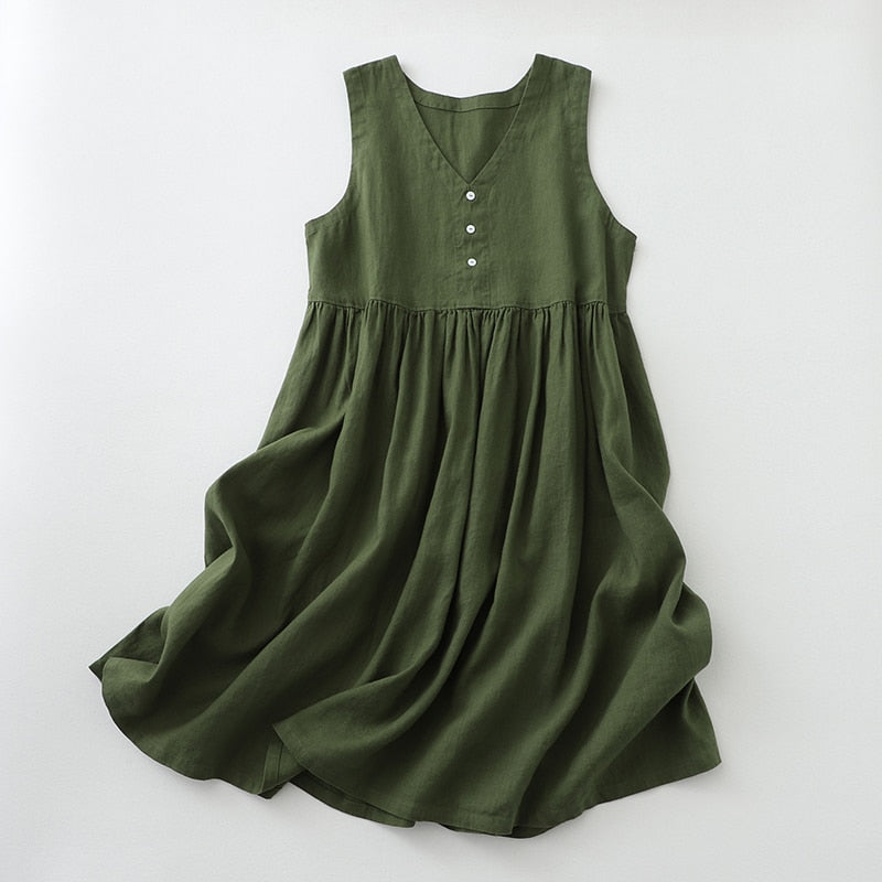 Mqtime V-Neck Vest Dress Japanese Style Loose Solid Cotton Linen Summe mqtime Mqtime V-Neck Vest Dress Japanese Style Loose Solid Cotton Linen Summe mqtime