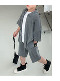 Mqtime 2023 Korea Teenagers Boy Kid Ribbed Loose Clothes Set Shirt+Shorts 2PCS Summer Child Clothing Set Casual Short Sleeve Baby Sets