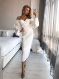 Mqtime Sweetheart Neck Dresses for Women Long Lantern Sleeve Folds Mid-calf Elegant Backless Lady Evening Party Club White Gown