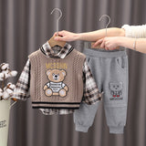 Mqtime New Spring Autumn 3PCS Boys Clothing Set Cartoon Bear Sweater Vest Long Sleeve Shirts Cotton Pants Baby Boys Clothes