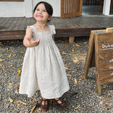 Mqtime  Cotton Dress Summer Solid Color Cotton Linen Loose Dresses Children Countryside Ruffles Strap Dress Beach Kids Clothes