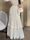 Mqtime Spring Summer Wrinkled Pleated Long Skirt Women Korean Style Vintage High Waisted Layer Cake Tassel Skirt rok
