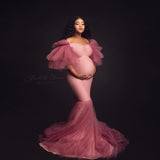 Mqtime Maternity Photoshoot Dresses Mermaid Dress Off Shoulder Tulle Lace Stretch Fabric Prom Gown Photo Shoot Pregnancy Clothes