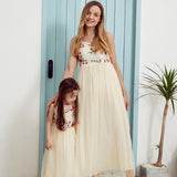 Mqtime PatPat New Summer Embroidered Mesh Stitching Sling Dresses For Mommy and Me Floral Embroidered Matching Apricot Sling Maxi Dress