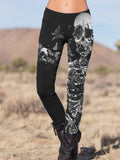 Mqtime - Black Casual Skull Rock Print Stretch Pants