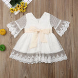 Mqtime Spring Toddler Baby Girls Party Lace Dress Fashion Bridesmaid White Kids Knee-Length Long Sleeve Bow Wedding Princess Dresses