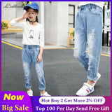 3-13 Years Print Girls Denim Pants Children's Clothing Elastic Waist Casual Jeans Stonewashed Trousers Spring Autumn Wear