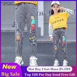 3-13 Years Print Girls Denim Pants Children's Clothing Elastic Waist Casual Jeans Stonewashed Trousers Spring Autumn Wear