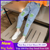 3-13 Years Print Girls Denim Pants Children's Clothing Elastic Waist Casual Jeans Stonewashed Trousers Spring Autumn Wear