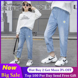 3-13 Years Print Girls Denim Pants Children's Clothing Elastic Waist Casual Jeans Stonewashed Trousers Spring Autumn Wear