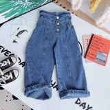 Mqtime Spring Autumn Girls Jeans Baby Denim Pants Kids Wide Leg Trousers Children Bottoms Streetwear High Waist Bud Buttons 3 To 14 Yrs