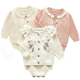 Children Baby Clohting Knit Set Autumn Embroidery Flowers Set Fashion Baby Girls Clothes Long Sleeve Knit Cardigan+Romper Sets