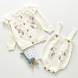 Children Baby Clohting Knit Set Autumn Embroidery Flowers Set Fashion Baby Girls Clothes Long Sleeve Knit Cardigan+Romper Sets