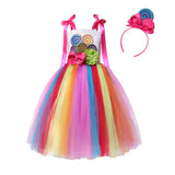 Sweet Candy Girl Clothes Summer Kids Carnival Frock Little Girl Birthday Fancy Rainbow Tutu Dress with Hairband Child Party Gown