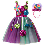 Sweet Candy Girl Clothes Summer Kids Carnival Frock Little Girl Birthday Fancy Rainbow Tutu Dress with Hairband Child Party Gown