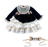 Mqtime Baby Girl Autumn Winter Green Velvet Vintage Spanish Pompom Ball Princess Lolita Dress for Christmas Birthday