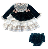 Mqtime Baby Girl Autumn Winter Green Velvet Vintage Spanish Pompom Ball Princess Lolita Dress for Christmas Birthday