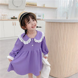 Mqtime Spring kids dresses for girls lacework patchwork Korean style cute girls long sleeve turn-down collar party princess dresses