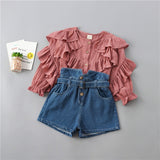 2-7 years high quality girl clothing set 2021 new Spring fashion tiered ruched solid shirt + denim pant kid children clothing