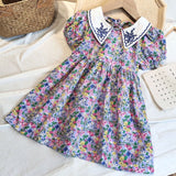 Girls Dress No Hat European American Style Summer New Children'S Clothing Girls Baby Kids Princess Party Lace Lapel Floral Dress