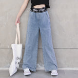 Mqtime Teenage Girls Jeans Spring Summer Casual Fashion Loose Blue Kids Leg Wide Pants School Children Trousers 6 8 10 12 Year