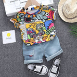 Mqtime Baby Clothes Outfit Baby Boy Summer Cartoon Sesame Street Print Short Sleeve T Shirt Short Jeans 2 PCS Set Girl Clothing Costume