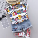 Mqtime Baby Clothes Outfit Baby Boy Summer Cartoon Sesame Street Print Short Sleeve T Shirt Short Jeans 2 PCS Set Girl Clothing Costume