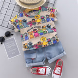 Mqtime Baby Clothes Outfit Baby Boy Summer Cartoon Sesame Street Print Short Sleeve T Shirt Short Jeans 2 PCS Set Girl Clothing Costume