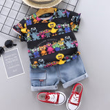 Mqtime Baby Clothes Outfit Baby Boy Summer Cartoon Sesame Street Print Short Sleeve T Shirt Short Jeans 2 PCS Set Girl Clothing Costume