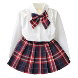 Mqtime Girl Dress New  Princess Dresses Class Uniforms Kids Girls Bow T-shirt+Plaid Dress Children Costume Clothing 2pcs