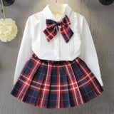 Mqtime Girl Dress New  Princess Dresses Class Uniforms Kids Girls Bow T-shirt+Plaid Dress Children Costume Clothing 2pcs