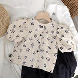 Mqtime summer new girl Korean style summer puff sleeve linen cotton short-sleeved shirt girl baby small fresh floral blouse P4267