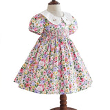 Mqtime Kids Little Girls Handmade Smocked Floral Flower Print Dresses Spring Summer Toddler Girl Princess Vintage Smock Dress