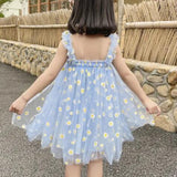 Mqtime Children Girl Clothing  Sleeveless Floral Daisy Party Daily Knee Length Mesh Dress For 2-13 Year Kids