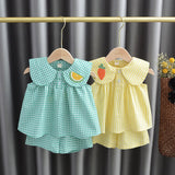 Mqtime Summer New Baby girl Cute Fruit Cotton Girls Plaid Suit Sweet Princess 2pcs Set Children's Clothing kids baby girl cloths