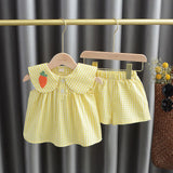 Mqtime Summer New Baby girl Cute Fruit Cotton Girls Plaid Suit Sweet Princess 2pcs Set Children's Clothing kids baby girl cloths