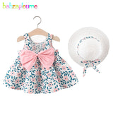 Summer Baby Girls Beach Princess Dress Cute Bow Flowers Sleeveless Cotton Toddler Dresses+Sunhat Newborn Clothing Set BC2021