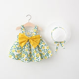 Summer Baby Girls Beach Princess Dress Cute Bow Flowers Sleeveless Cotton Toddler Dresses+Sunhat Newborn Clothing Set BC2021