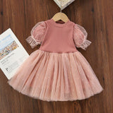 Mqtime  New Arrival Girls Fashion Dress Puff Sleeve Little Princess Dress Kids Clothes Pink White Party Dress 2-7 Years Old Girls