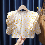 Mqtime Retro Korean Style Baby Girls Blouse Butterfly Ruched Dot Printed Tees Tops Cotton Autumn Blouse Kids Princess Clothes