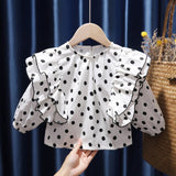 Mqtime Retro Korean Style Baby Girls Blouse Butterfly Ruched Dot Printed Tees Tops Cotton Autumn Blouse Kids Princess Clothes