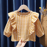 Mqtime Retro Korean Style Baby Girls Blouse Butterfly Ruched Dot Printed Tees Tops Cotton Autumn Blouse Kids Princess Clothes