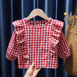 Mqtime Retro Korean Style Baby Girls Blouse Butterfly Ruched Dot Printed Tees Tops Cotton Autumn Blouse Kids Princess Clothes