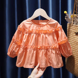 Mqtime Retro Korean Style Baby Girls Blouse Butterfly Ruched Dot Printed Tees Tops Cotton Autumn Blouse Kids Princess Clothes