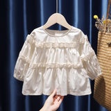 Mqtime Retro Korean Style Baby Girls Blouse Butterfly Ruched Dot Printed Tees Tops Cotton Autumn Blouse Kids Princess Clothes