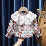 Mqtime Retro Korean Style Baby Girls Blouse Butterfly Ruched Dot Printed Tees Tops Cotton Autumn Blouse Kids Princess Clothes