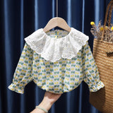 Mqtime Retro Korean Style Baby Girls Blouse Butterfly Ruched Dot Printed Tees Tops Cotton Autumn Blouse Kids Princess Clothes