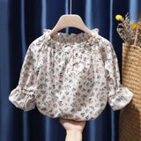 Mqtime Retro Korean Style Baby Girls Blouse Butterfly Ruched Dot Printed Tees Tops Cotton Autumn Blouse Kids Princess Clothes